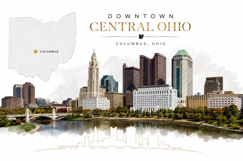 Central Ohio and Columbus skyline graphic representing Attest Signings service area